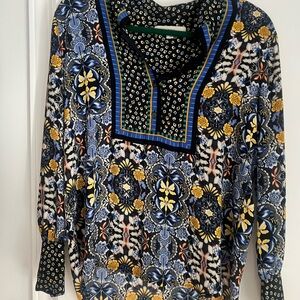 LOFT Geometric Blouse with Blue and Yellow Accents